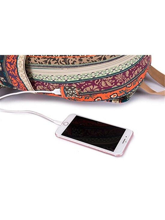 Bohemian Laptop Backpack 15.6 Inch USB Charging Port Travel Canvas Striped Bag